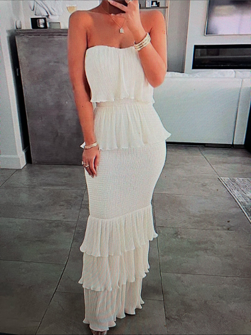 Strapless White Tiered Maxi Dress with Smocked Waist